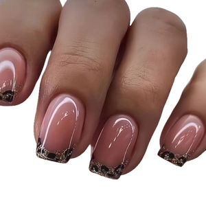 French minimalist leopard print press-on nails with nude pink base and golden sequins