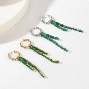 Elegant 18K gold and silver tassel earrings with rectangular emerald zircon stones
