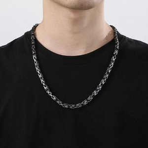 Detail of 6mm black stainless steel Byzantine chain necklace with vintage hip hop style