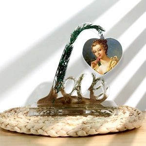 Resin LOVE frame decor with embedded leaves and vintage portrait heart pendant