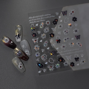 3D butterfly and floral nail art stickers with laser finish and silver pearl designs