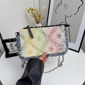 Denim Shoulder Crossbody Chain Bag For Women Frayed Fringe Star Pattern Striped Checkered Fashion Casual Square Handbag