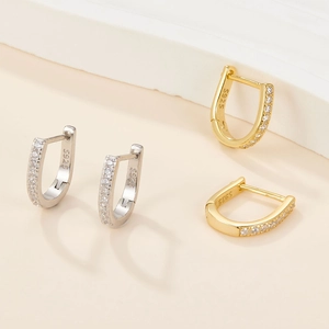 Elegant S925 sterling silver U-shaped hoop earrings with diamond accents in gold and silver