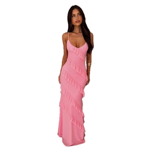 Pink slim fit backless maxi dress with side slit and cascading ruffle details