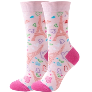 Detailed view of pink mid-calf socks with Eiffel Tower and heart graffiti pattern