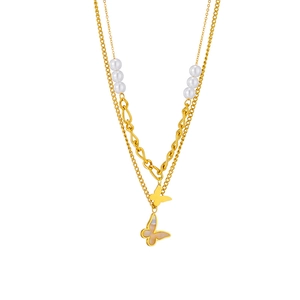 Double-layer gold titanium steel chain necklace with pearls and shell butterfly pendant