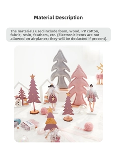 Détail de sapins de Noël en tissu rose et gris avec étoiles en bois et anges en plumes