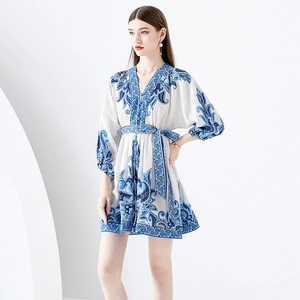 Bohemian V-neck mini dress with vintage blue floral print and lantern sleeves