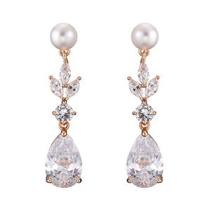 Elegant rose gold leaf zircon earrings with white pearl and teardrop-shaped zircon stones