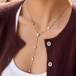 Collana a Y in acciaio inossidabile placcato oro 18K con zirconi bianchi geometrici