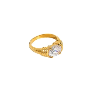 18K gold-plated stainless steel ring featuring a clear oval gemstone and ribbed band