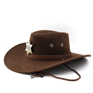 Dark brown wool jazz hat with sheriff star badge and adjustable windproof strap