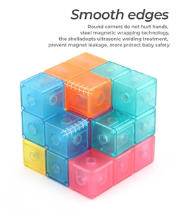Detail of colorful transparent magnetic cubes with ultrasonic welding and rounded edges