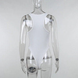 Detail view of white ribbed knit bodysuit featuring high-cut leg and racerback design