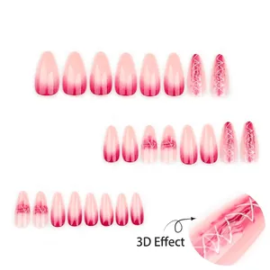 Halloween 3D gradient press-on nails with red stitch patterns on white background