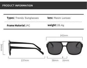 Detailed size chart for trendy double bridge aviator sunglasses with frame measurements