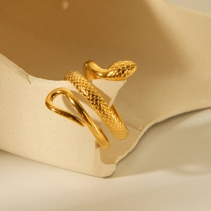 Polished 18K gold plated stainless steel snake ring with realistic scale texture detail