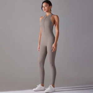Combinaison de yoga taupe sans manches avec fermeture éclair frontale et coupe sculptante