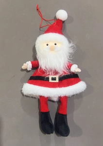 Detail of plush Santa Claus ornament with black belt and red hanging string for decor