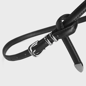 Three-piece black leather thin belt for women with elegant silver buckle and metal tip
