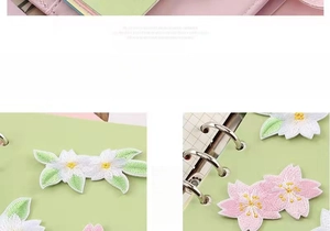 Detail of self-adhesive cherry blossom embroidery patches in white and pink tones