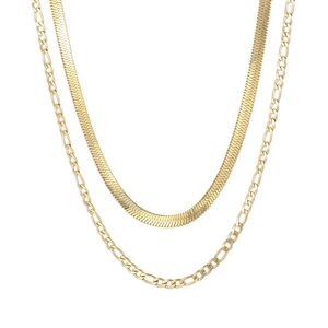Gold double layer necklace with sleek snake chain and classic Figaro link style