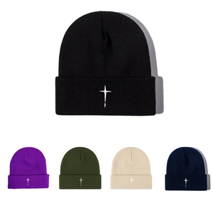 Knitted Beanie Hat Acrylic Warm Cuffed Winter Cap Cross Embroidery Minimalist Casual Soft For Men Women