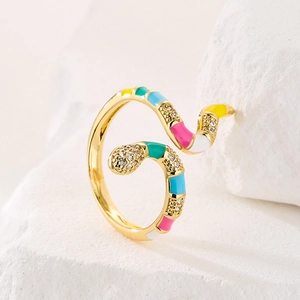 18K gold plated snake-shaped open ring with colorful enamel and sparkling zircons