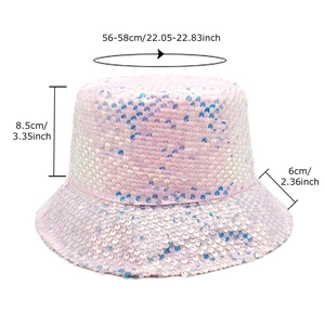 Glitter reversible pink sequin bucket hat for women with detailed size measurements