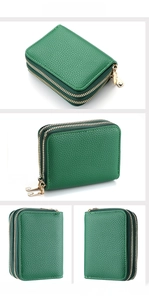 Macro view of emerald green litchi texture leather wallet with gold zipper details