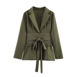 Style Britannique Élégant Blazer De Bureau Pour Femmes Et Jupe Maxi Plissée Vert Armée À Taille Ceinturée Polyester