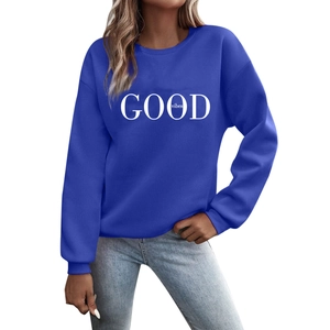 Royal blue long-sleeve crewneck sweatshirt featuring white GOOD VIBES slogan print