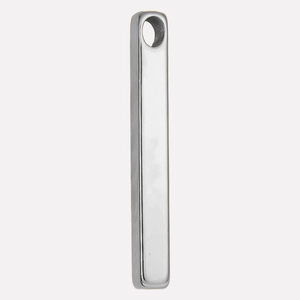 Macro view of minimalist 304 stainless steel long bar pendant with polished silver finish