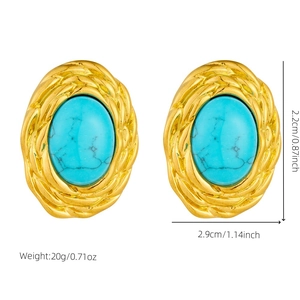 Vintage gold-plated stainless steel earrings with oval turquoise inlay in classic retro style