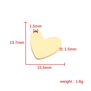 Gold heart-shaped charm pendant measuring 15.5x13.7mm for DIY jewelry making