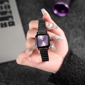 Elegant GEDI women's watch with purple square dial and black ribbed steel strap