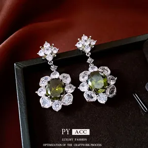 Vintage Palace Style Green Gemstone Flower Drop Earrings Copper Zircon With 925 Sterling Silver Earring Post For Women