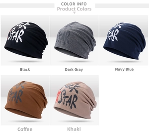 Detail view of cotton beanies in black, navy, and grey with Rock STAR prints