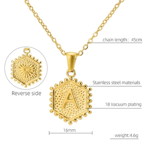 Detail of hexagonal 18K gold plated stainless steel letter A necklace with heart pattern