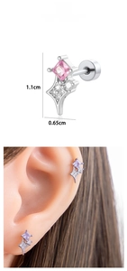 Detailed size view and on-ear look of a star-shaped steel stud with pink zircon