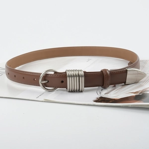 Classic brown leather belt for women featuring a round silver buckle and metal accents