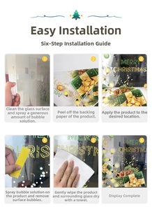 Six-step installation guide for Merry Christmas tree window stickers with festive details