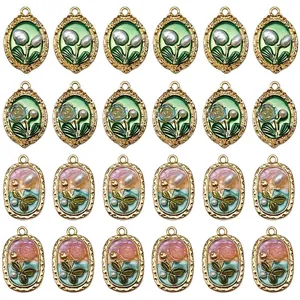 Retro enamel floral pendants set with oil painting rose designs and pearl accents