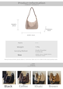 Detailed chart showing hobo bag dimensions 36x24x10cm and four color options in suede