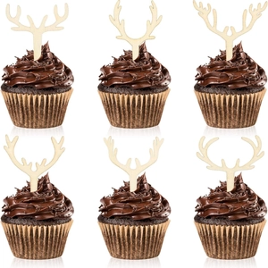 Set of six wooden reindeer antler cupcake toppers for Christmas party cake decorations
