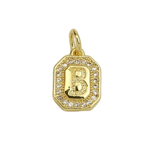 Detail of 18k gold plated octagonal letter B pendant with sparkling cubic zirconia inlay