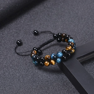 Double-layer blue tiger eye and black onyx beaded bracelet with adjustable braided cord