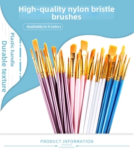 Detail of 10-piece painting brush set with blue handles and golden nylon bristles