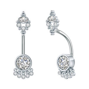 Detail of silver belly button ring with zircon stones in professional side and front views