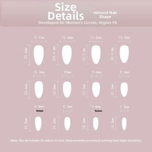 Size guide for almond press-on nails showing 24 pieces in 12 different length variations